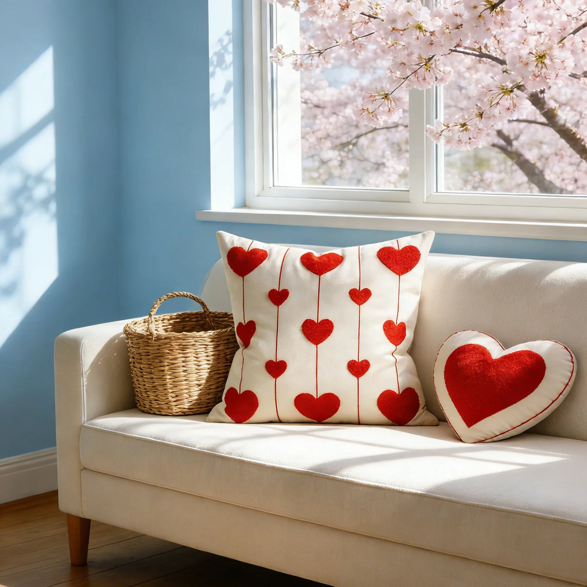 Throw Pillow Cover Tufted Chenille Hearts Cotton-Linen Hidden Zipper