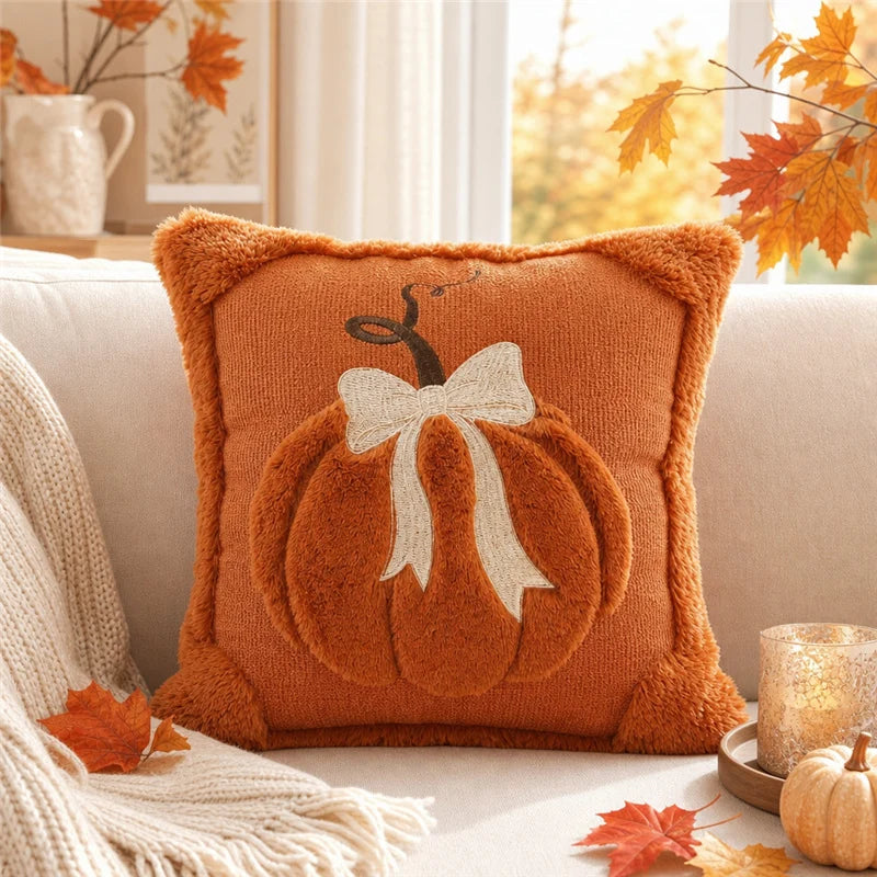 Throw Pillow Cover Tufted Chenille Pumpkin Removable Zipper