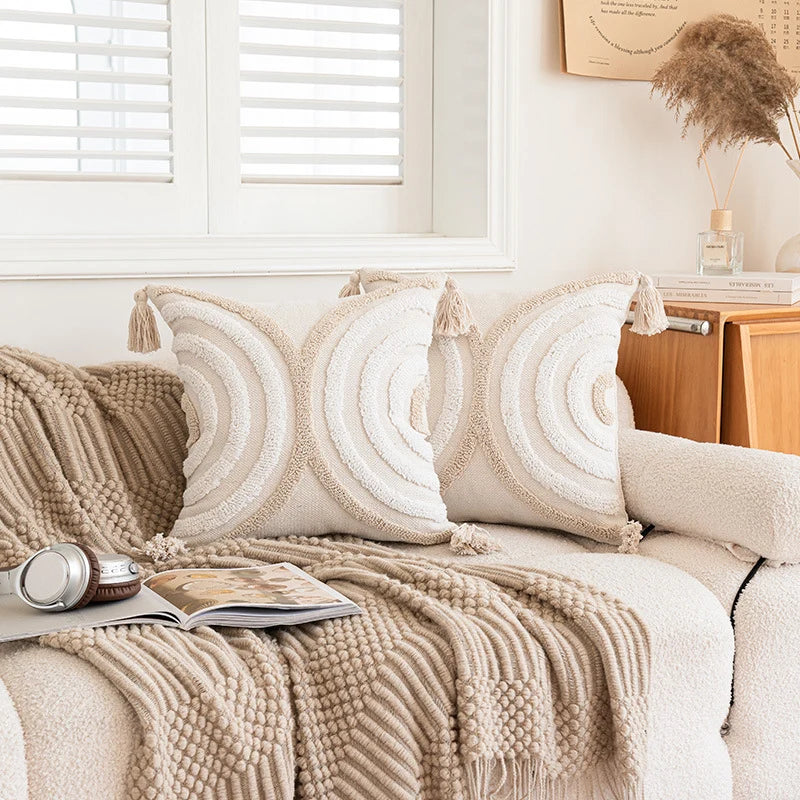 Throw Pillow Cover Tufted Concentric Circles Cotton-Blend Hidden Zipper