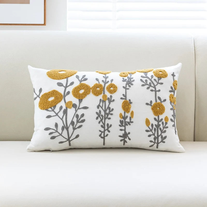 Throw Pillow Cover Tufted Floral Embroidery Cotton-Blend