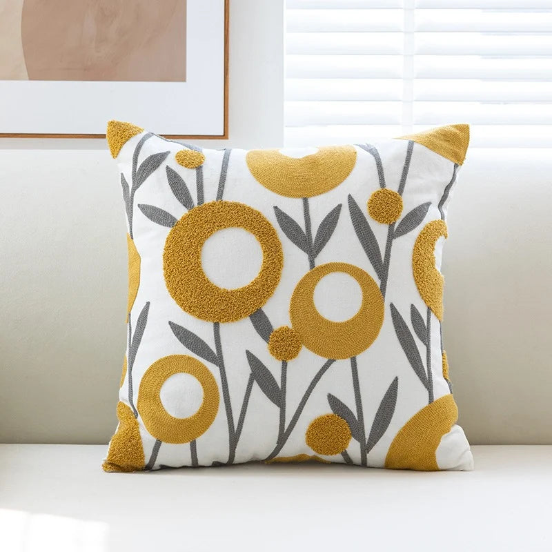 Throw Pillow Cover Tufted Floral Embroidery Cotton-Blend