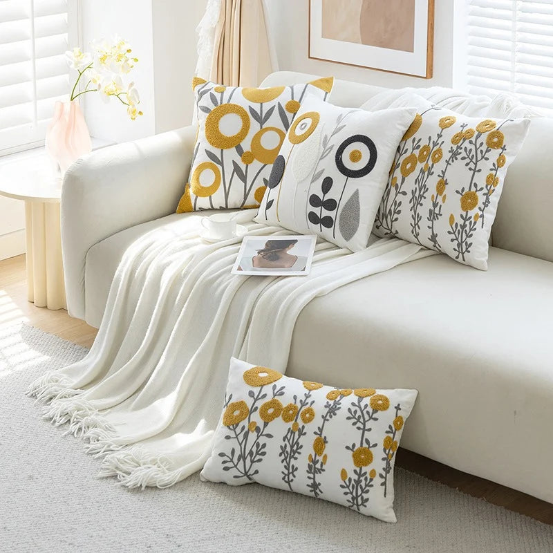 Throw Pillow Cover Tufted Floral Embroidery Cotton-Blend