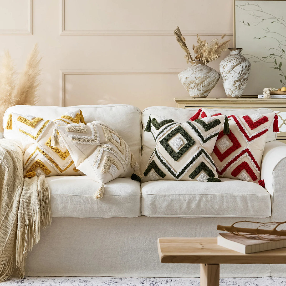 Throw Pillow Cover Tufted Geometric Tassels Hidden Zipper