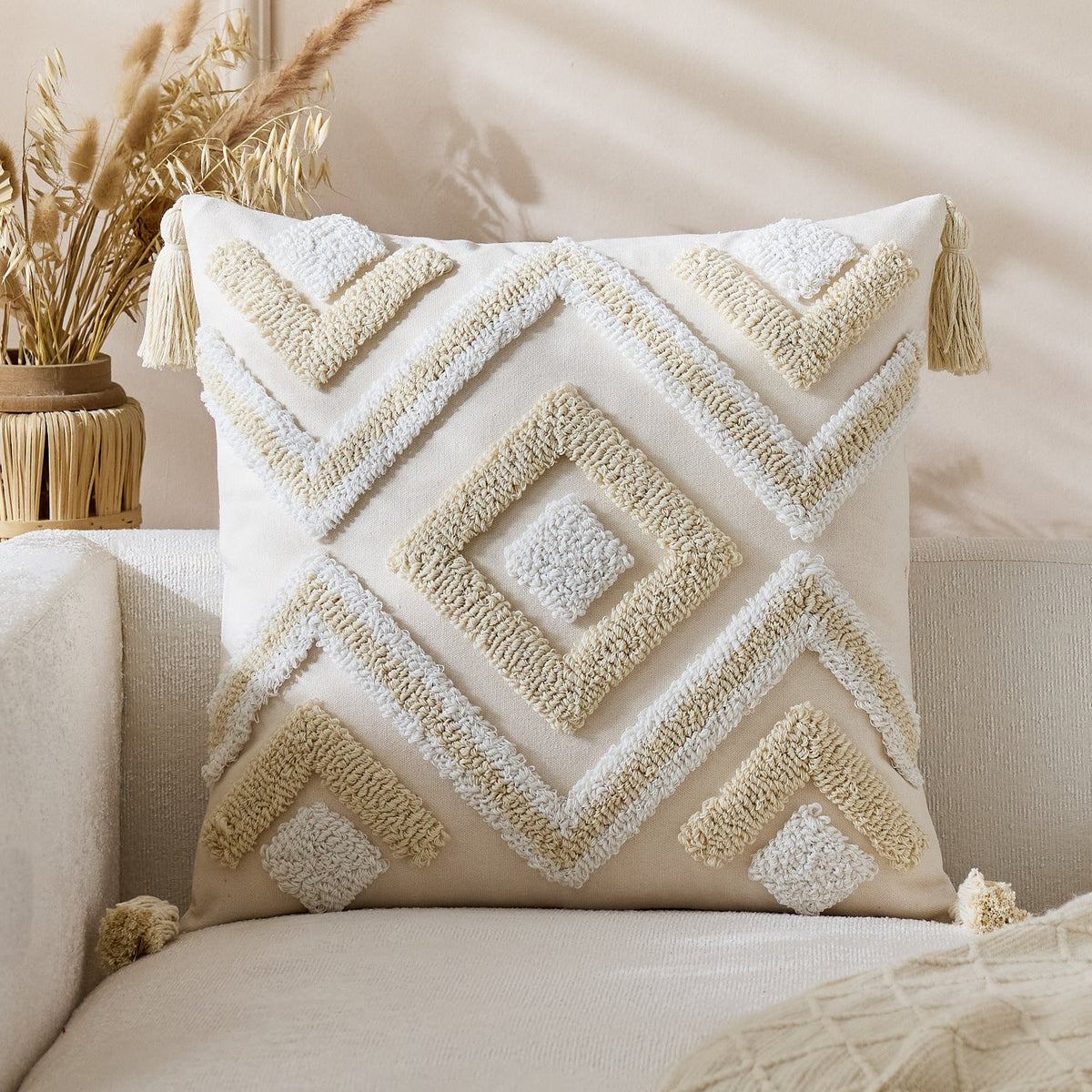 Throw Pillow Cover Tufted Geometric Tassels Hidden Zipper
