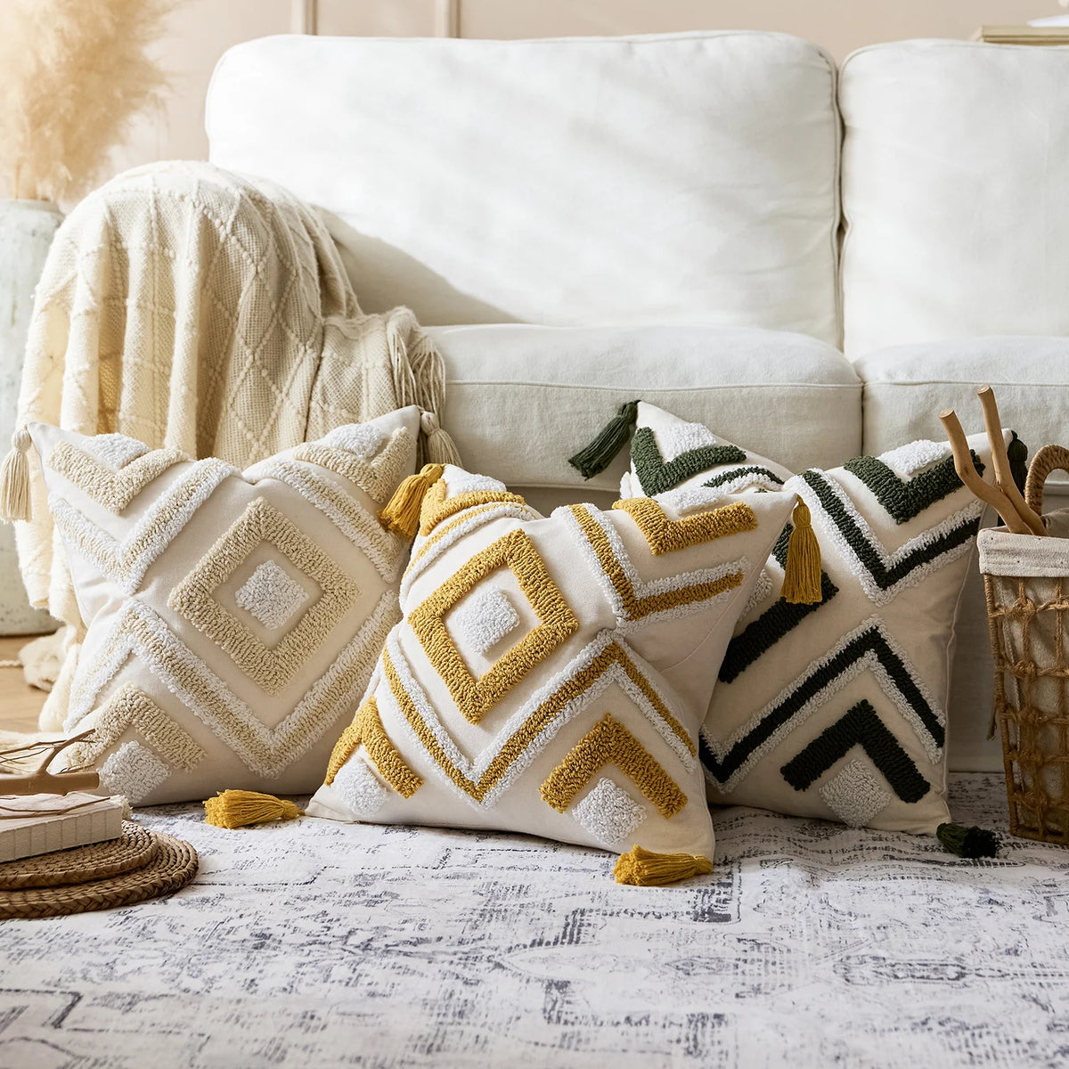 Throw Pillow Cover Tufted Geometric Tassels Hidden Zipper