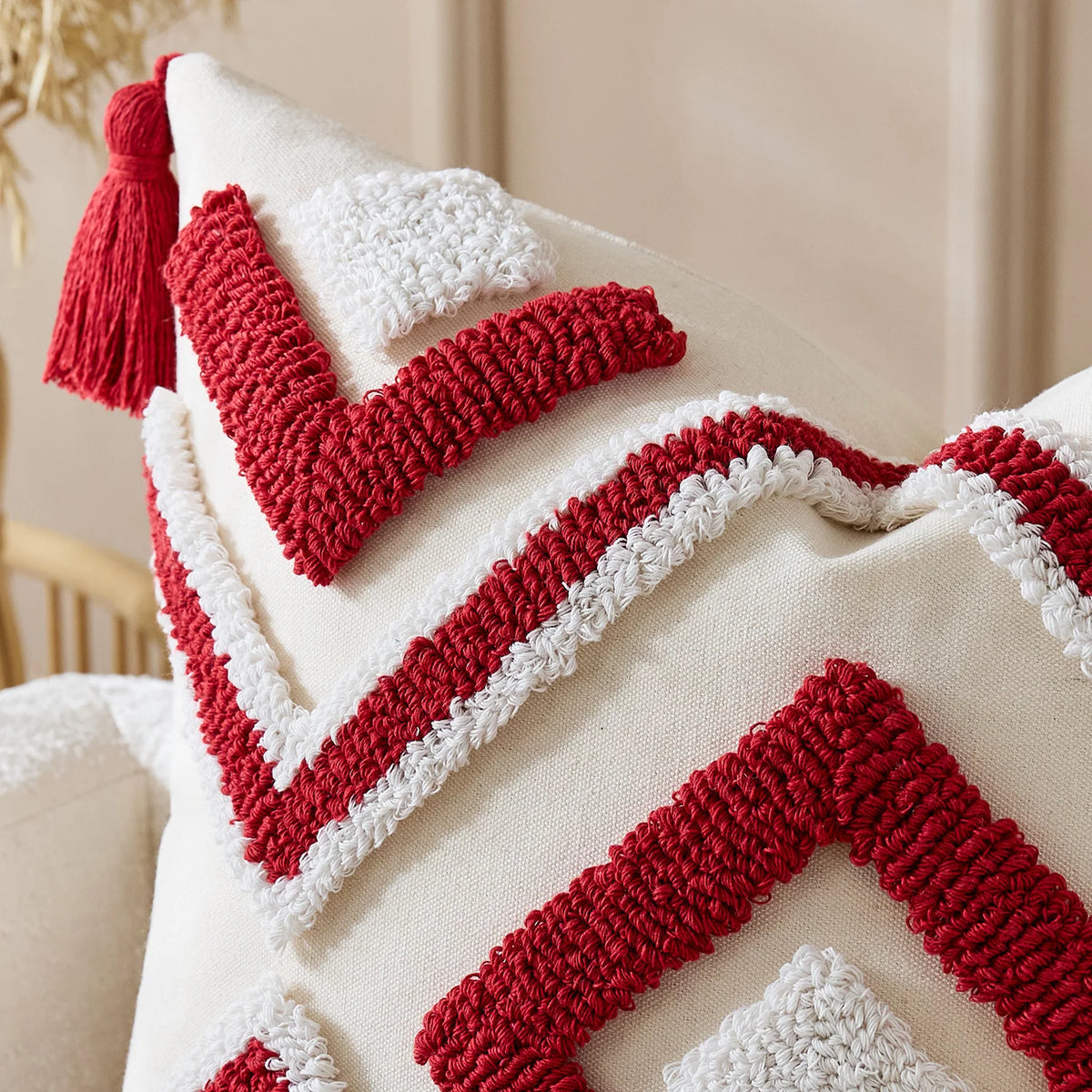 Throw Pillow Cover Tufted Geometric Tassels Hidden Zipper