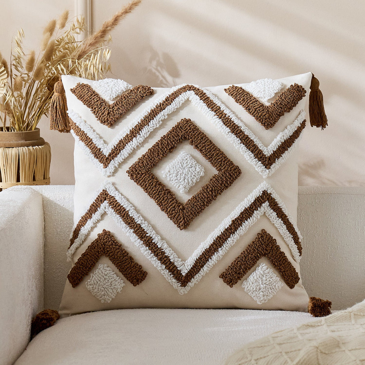 Throw Pillow Cover Tufted Geometric Tassels Hidden Zipper