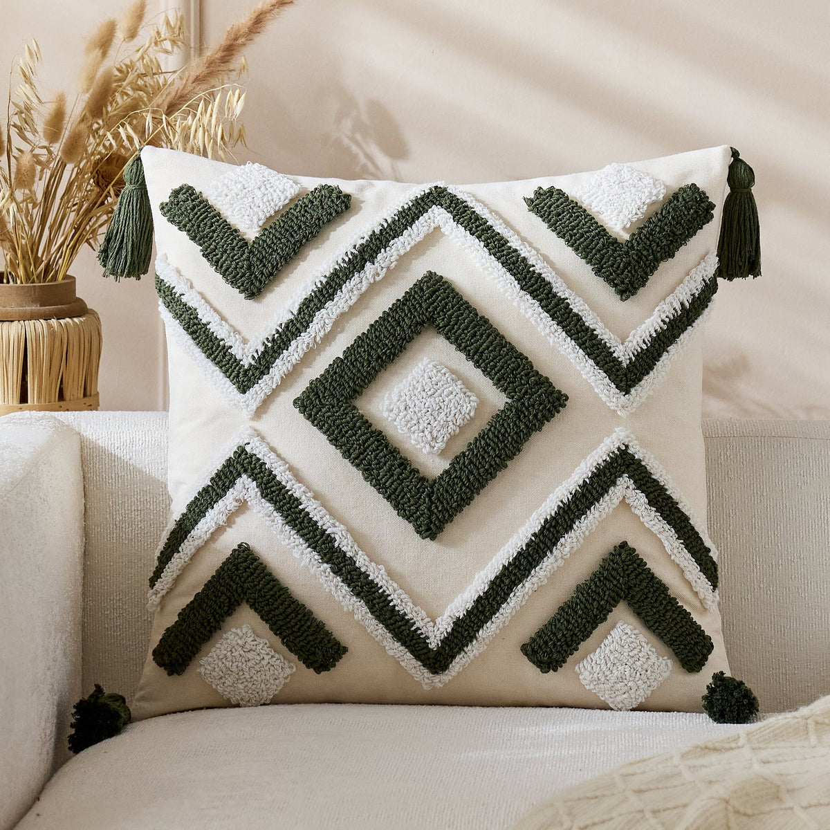 Throw Pillow Cover Tufted Geometric Tassels Hidden Zipper