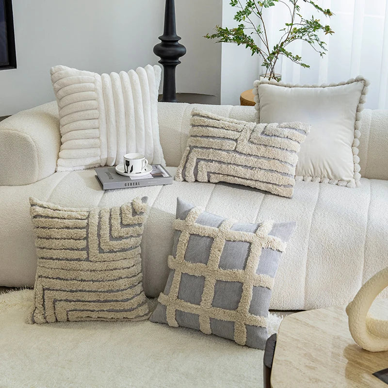 Throw Pillow Cover Tufted Shaggy Lattice Linen-Look Hidden Zipper