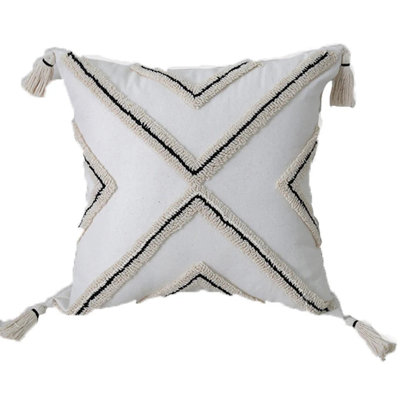 Throw Pillow Cover Tufted X Pattern Woven Cotton & Tassel Corners