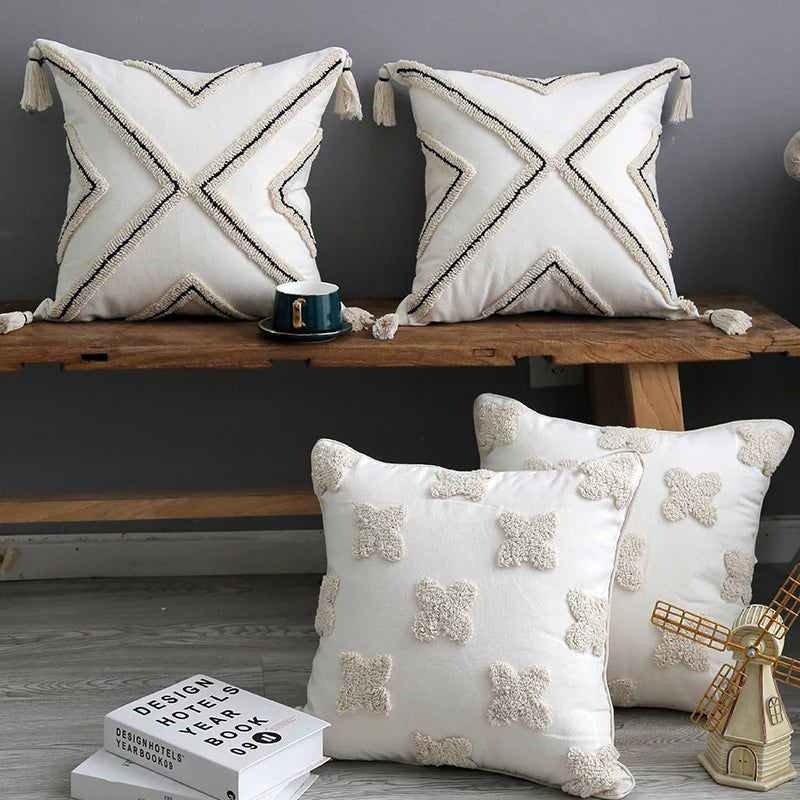 Throw Pillow Cover Tufted X Pattern Woven Cotton & Tassel Corners