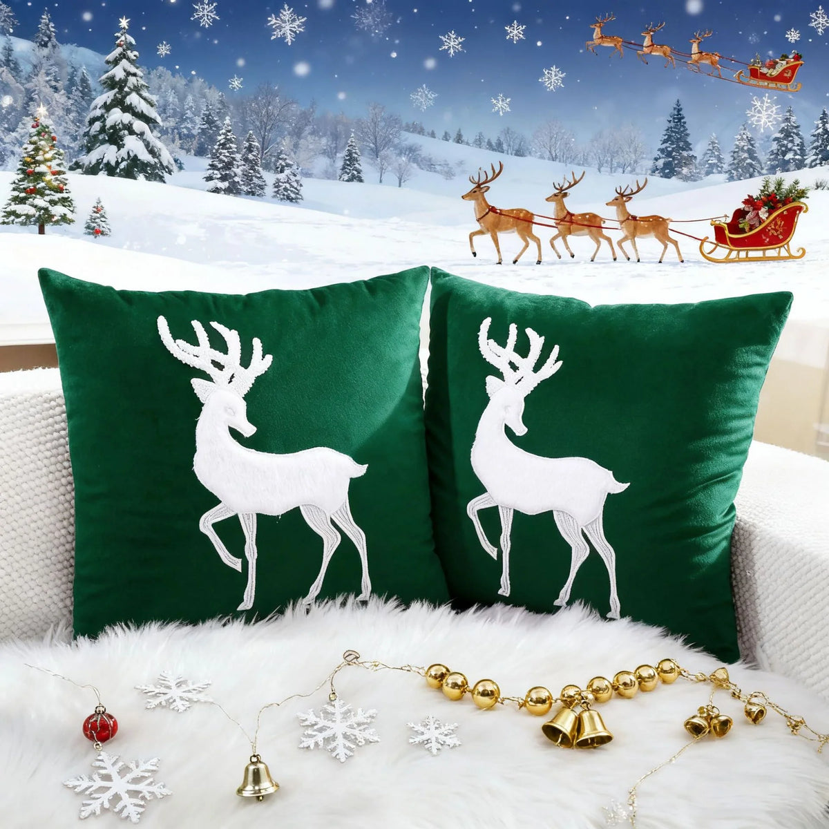 Throw Pillow Cover Velvet Reindeer Appliqué Hidden Zipper