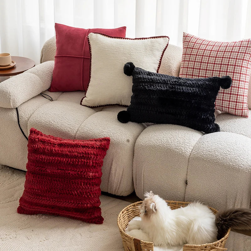 Throw Pillow Cover Woven Plaid Cotton-Linen Hidden Zipper
