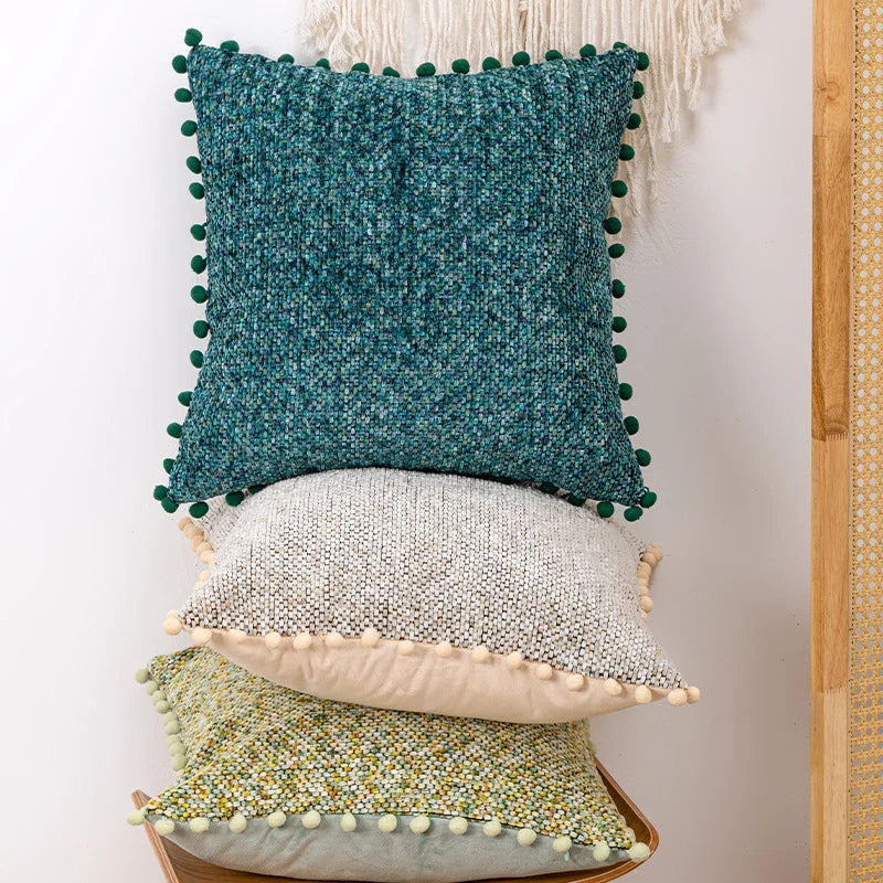Throw Pillow Covers Bouclé Texture & Pom-Pom Trim