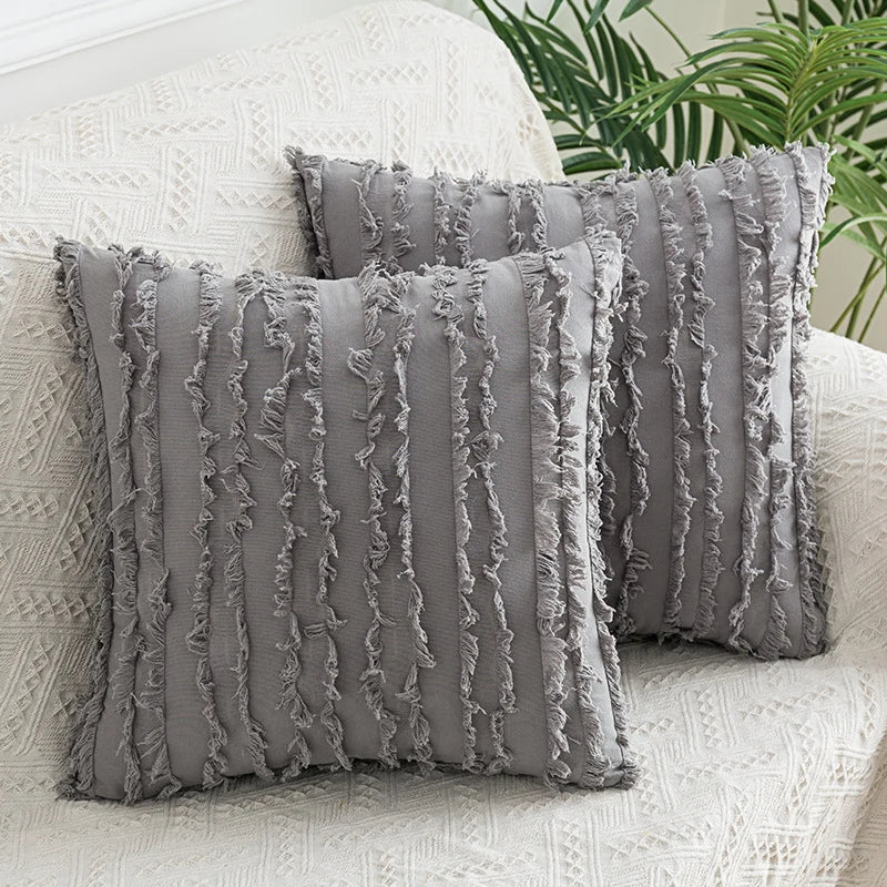 Throw Pillow Covers Fringed Cotton-Linen Hidden Zipper Pair