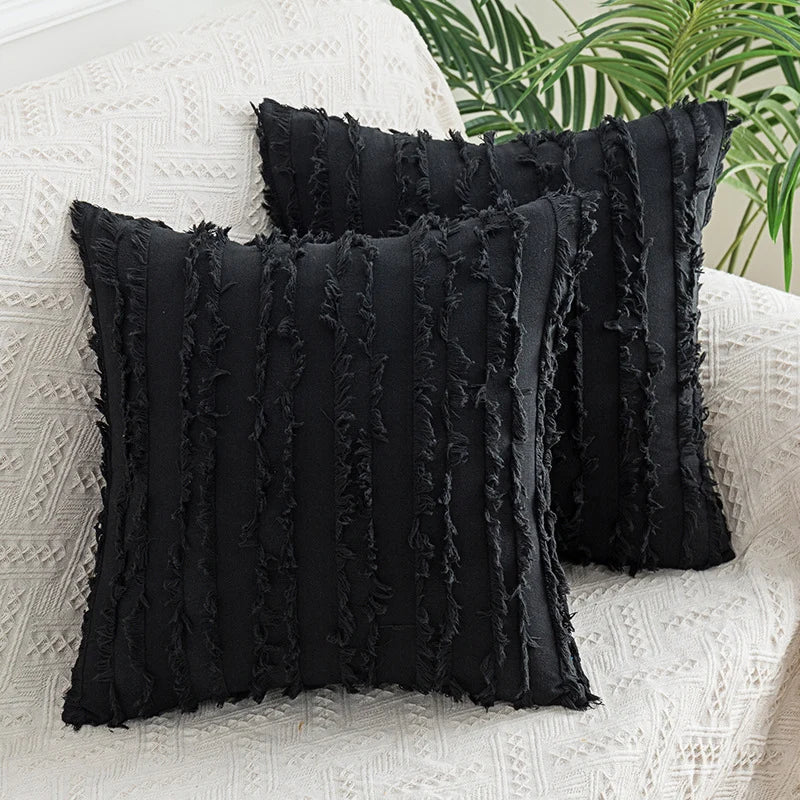 Throw Pillow Covers Fringed Cotton-Linen Hidden Zipper Pair
