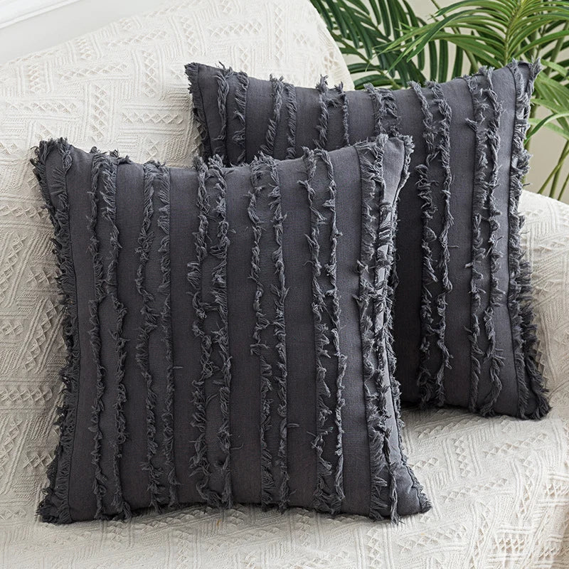 Throw Pillow Covers Fringed Cotton-Linen Hidden Zipper Pair