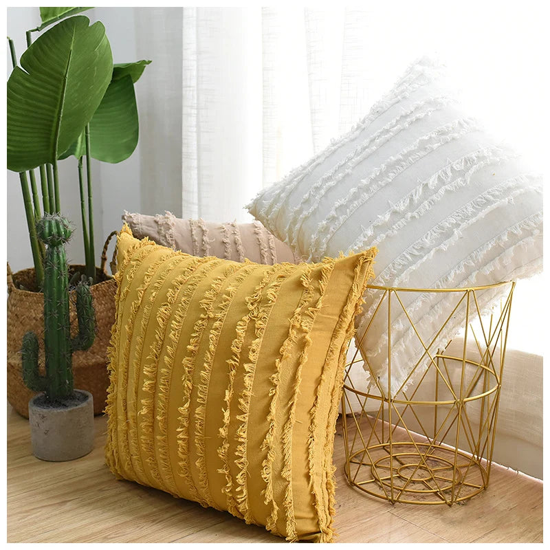 Throw Pillow Covers Fringed Cotton-Linen Hidden Zipper Pair