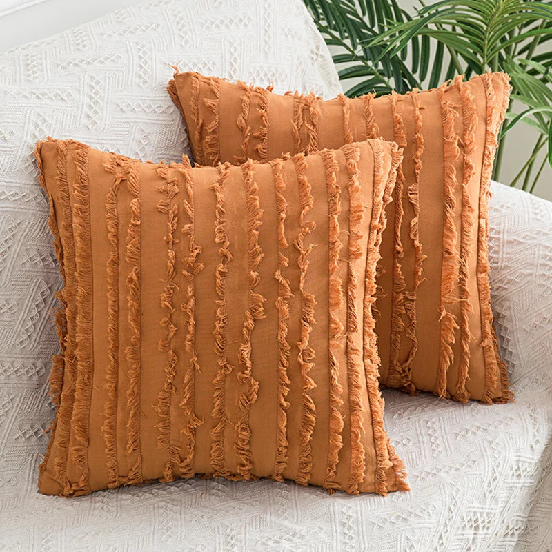 Throw Pillow Covers Fringed Cotton-Linen Hidden Zipper Pair