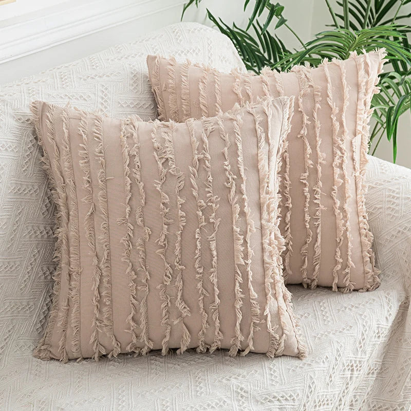 Throw Pillow Covers Fringed Cotton-Linen Hidden Zipper Pair