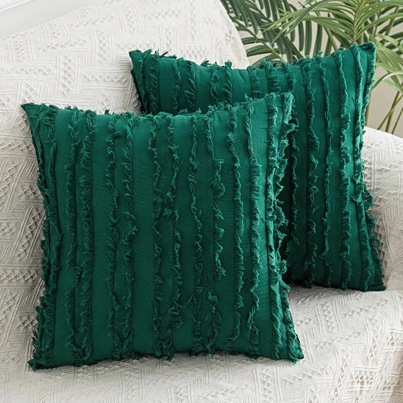 Throw Pillow Covers Fringed Cotton-Linen Hidden Zipper Pair