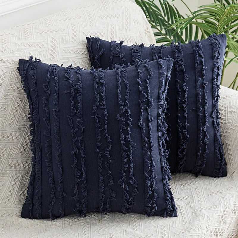 Throw Pillow Covers Fringed Cotton-Linen Hidden Zipper Pair