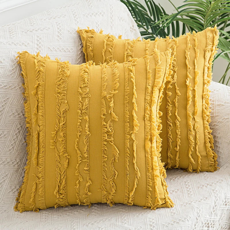 Throw Pillow Covers Fringed Cotton-Linen Hidden Zipper Pair
