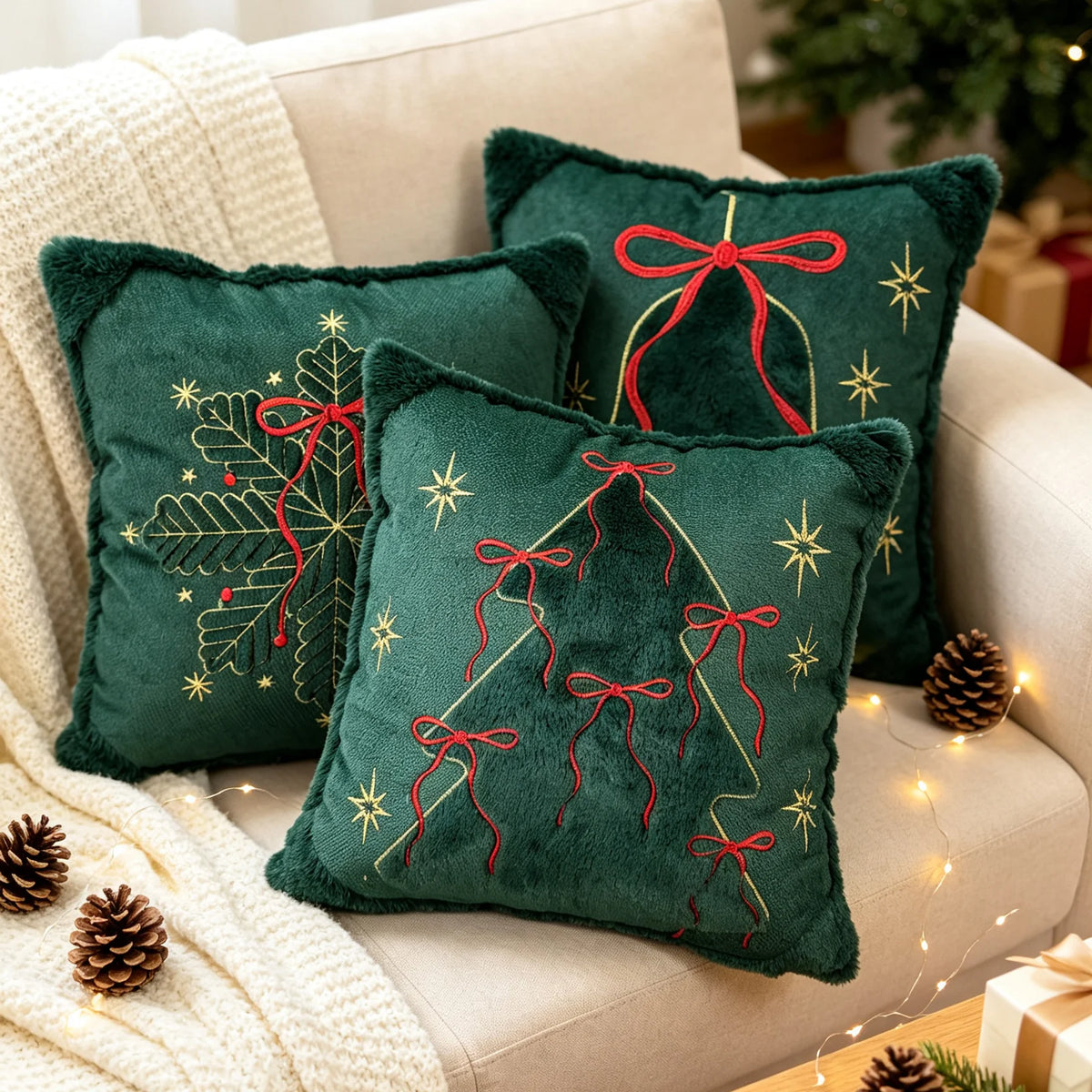 Throw Pillow Embroidered Velvet Faux-Fur Fringe
