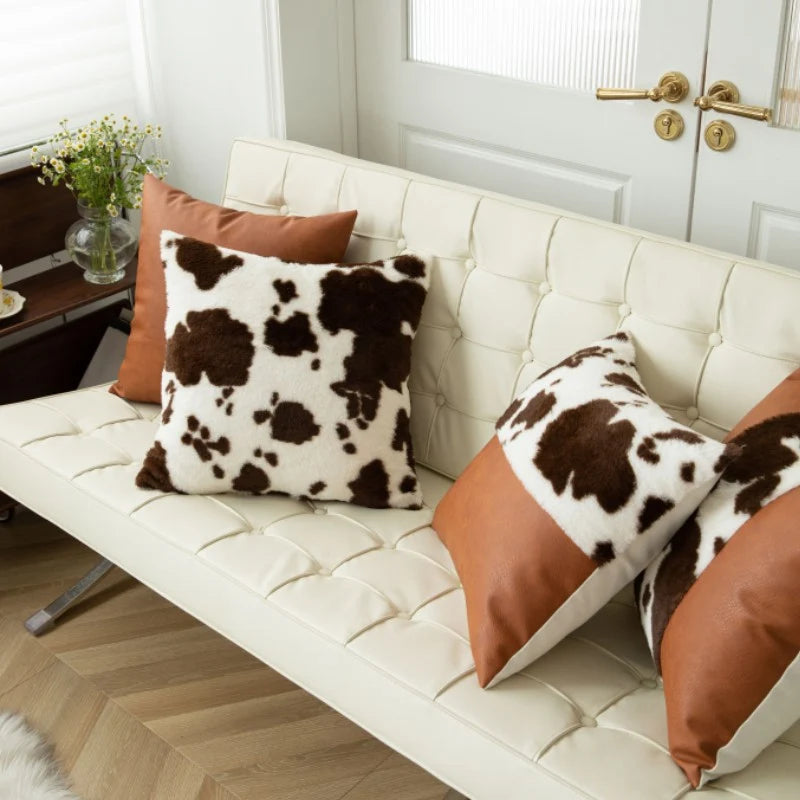 Throw Pillow Faux Cowhide Fur & Vegan Leather