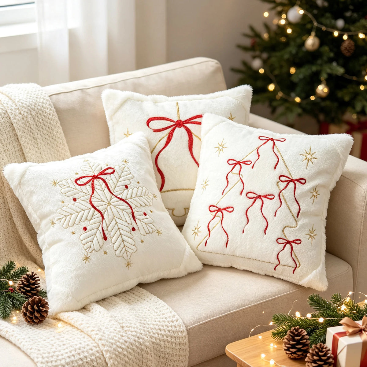 Throw Pillow Faux-Fur Gold-Thread Snowflake Machine Washable