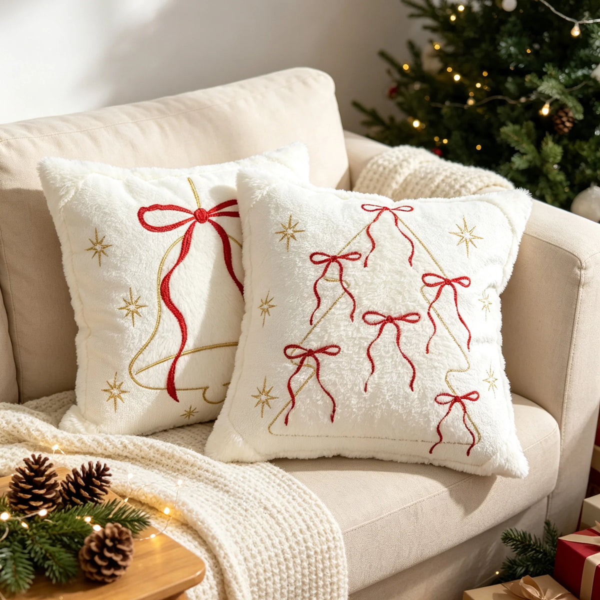 Throw Pillow Faux-Fur Gold-Thread Snowflake Machine Washable