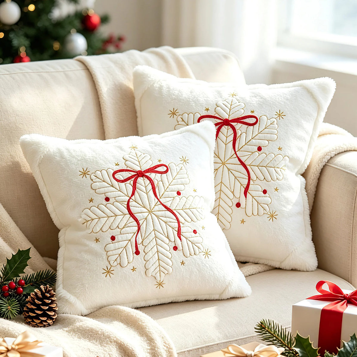 Throw Pillow Faux-Fur Gold-Thread Snowflake Machine Washable