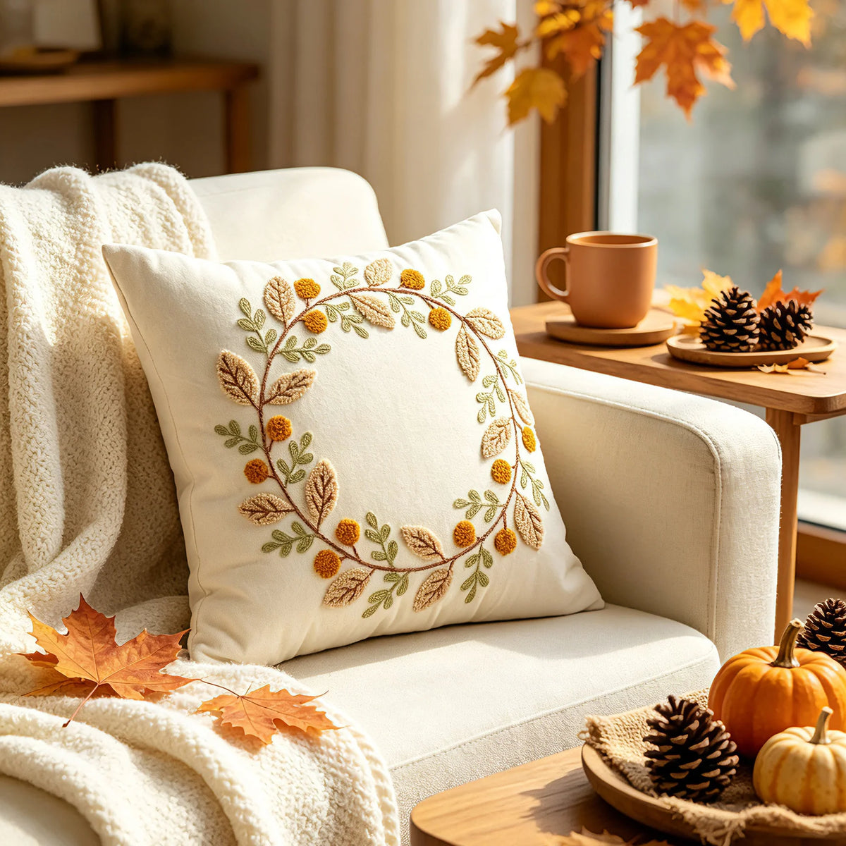 Throw Pillow Hand Embroidered Pom Accents Removable Cover