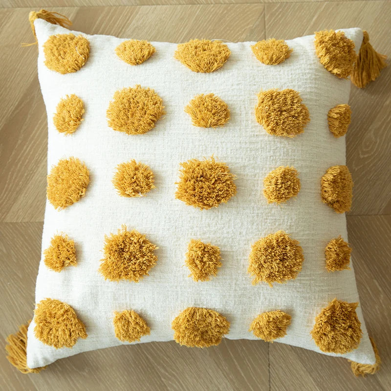 Throw Pillow Handcrafted Pom-Pom Tufted & Tassel Corners