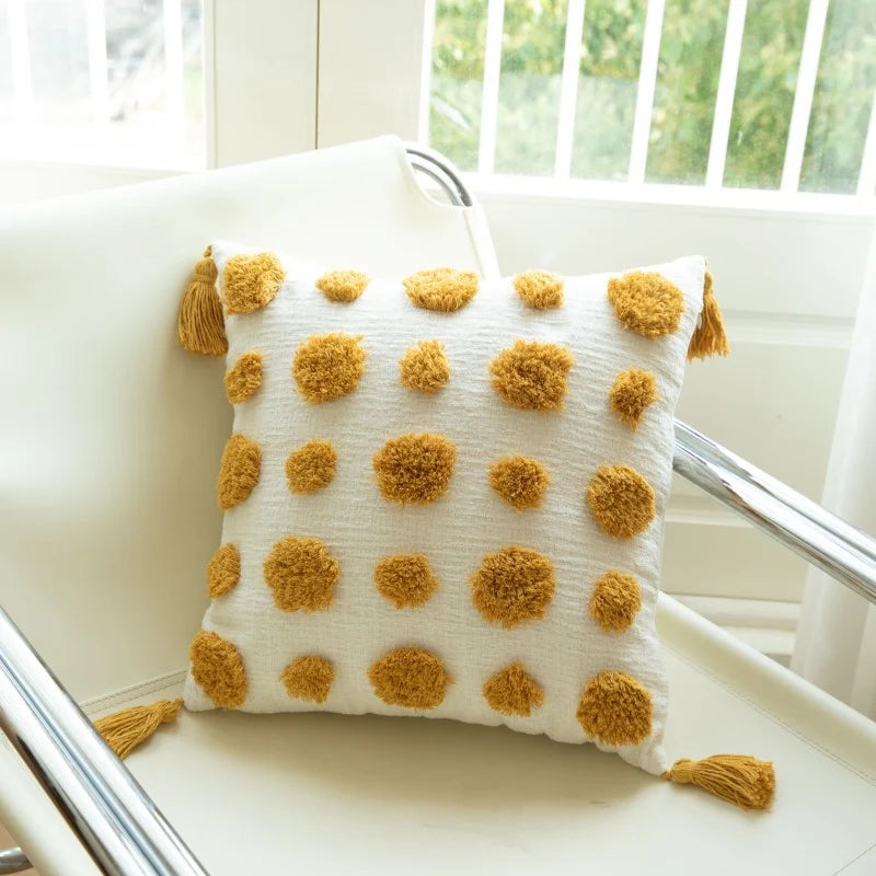 Throw Pillow Handcrafted Pom-Pom Tufted & Tassel Corners