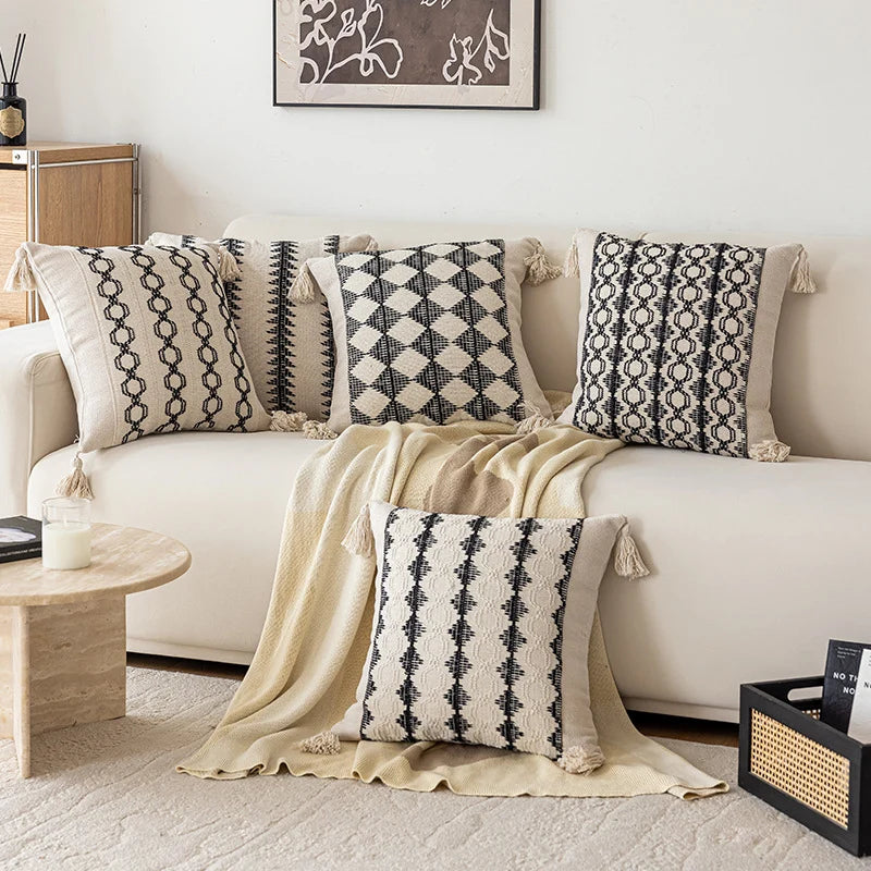 Throw Pillow Handwoven Cotton Textured Diamond Tassel Corners