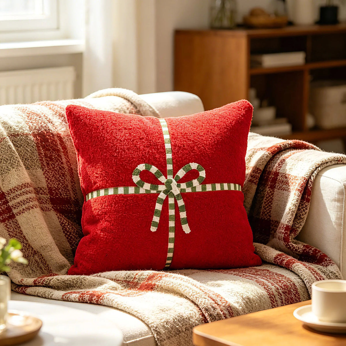 Throw Pillow High-Pile Polyester Embroidered Bow Removable Cover