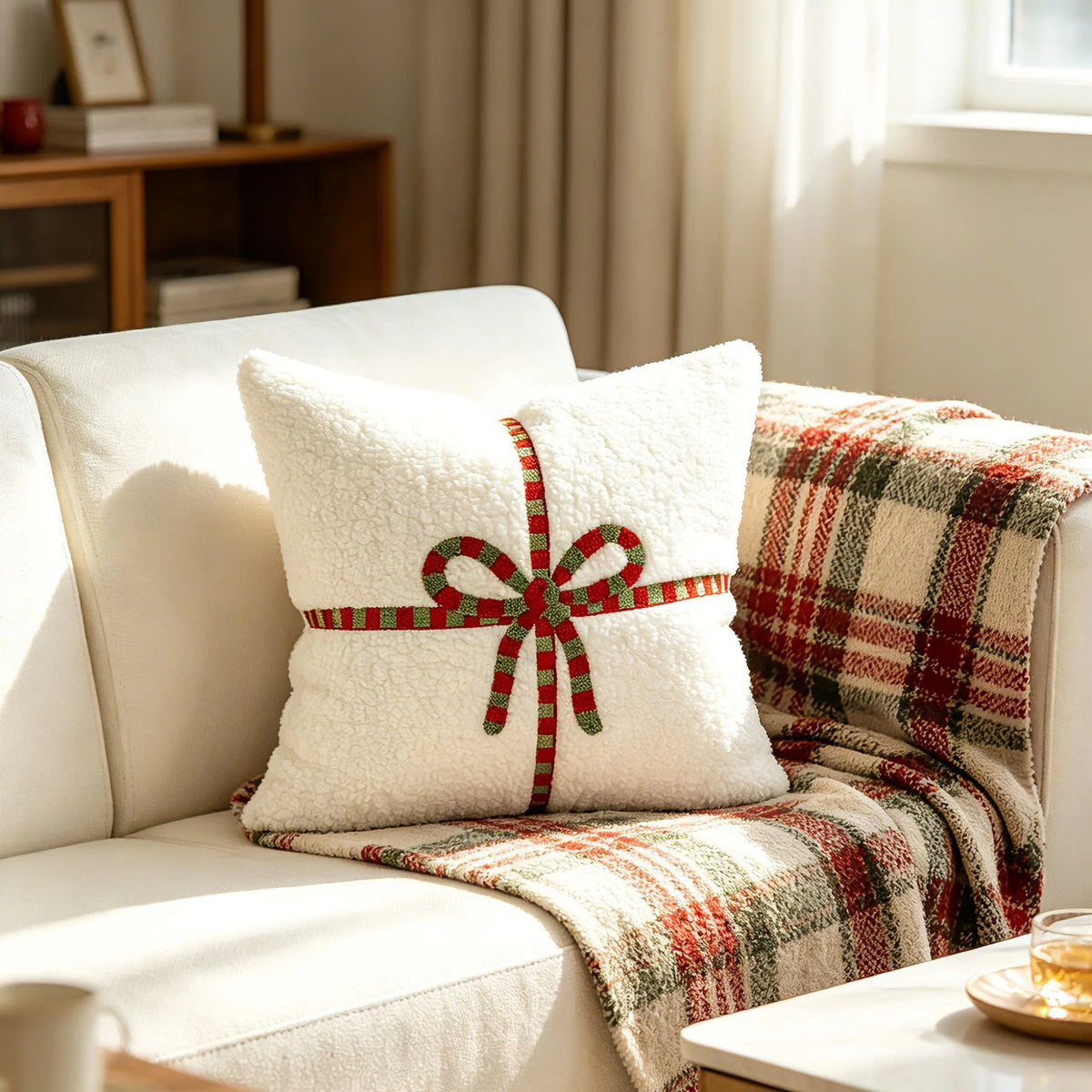 Throw Pillow High-Pile Polyester Embroidered Bow Removable Cover