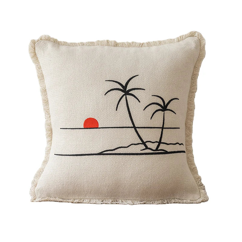 Throw Pillow Linen-Blend Embroidered Coastal 18 Inch
