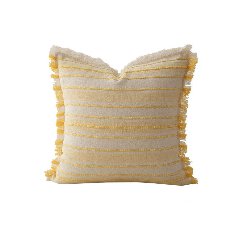 Throw Pillow Linen-Look Striped Fringed