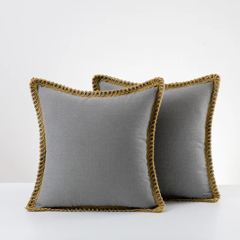 Throw Pillow Pair Linen-Look Braided Fringe Plush Fill