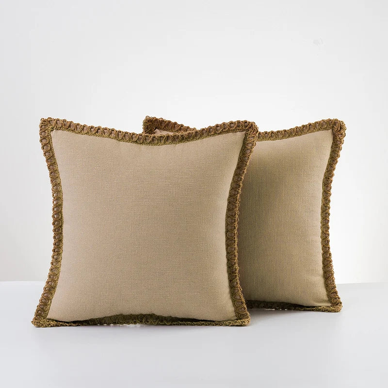 Throw Pillow Pair Linen-Look Braided Fringe Plush Fill