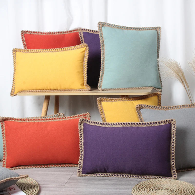 Throw Pillow Pair Linen-Look Braided Fringe Plush Fill