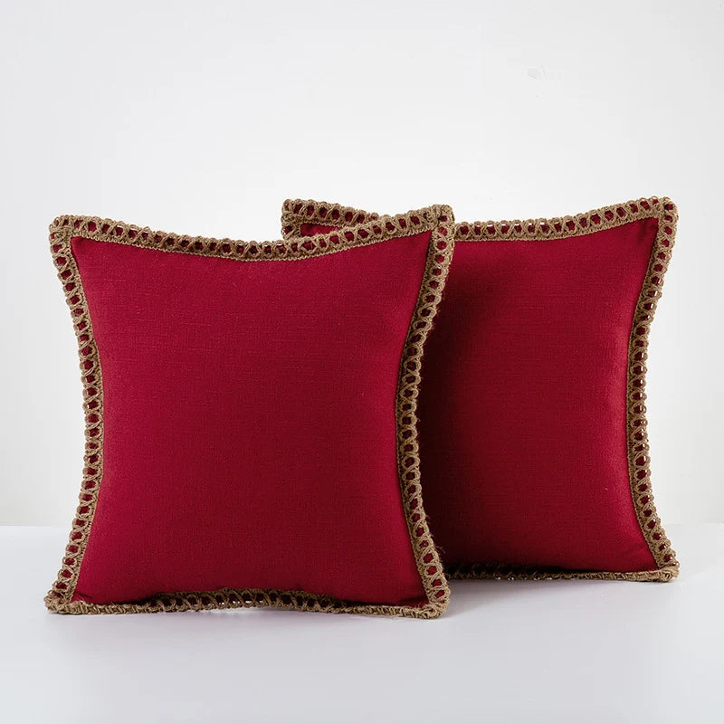 Throw Pillow Pair Linen-Look Braided Fringe Plush Fill