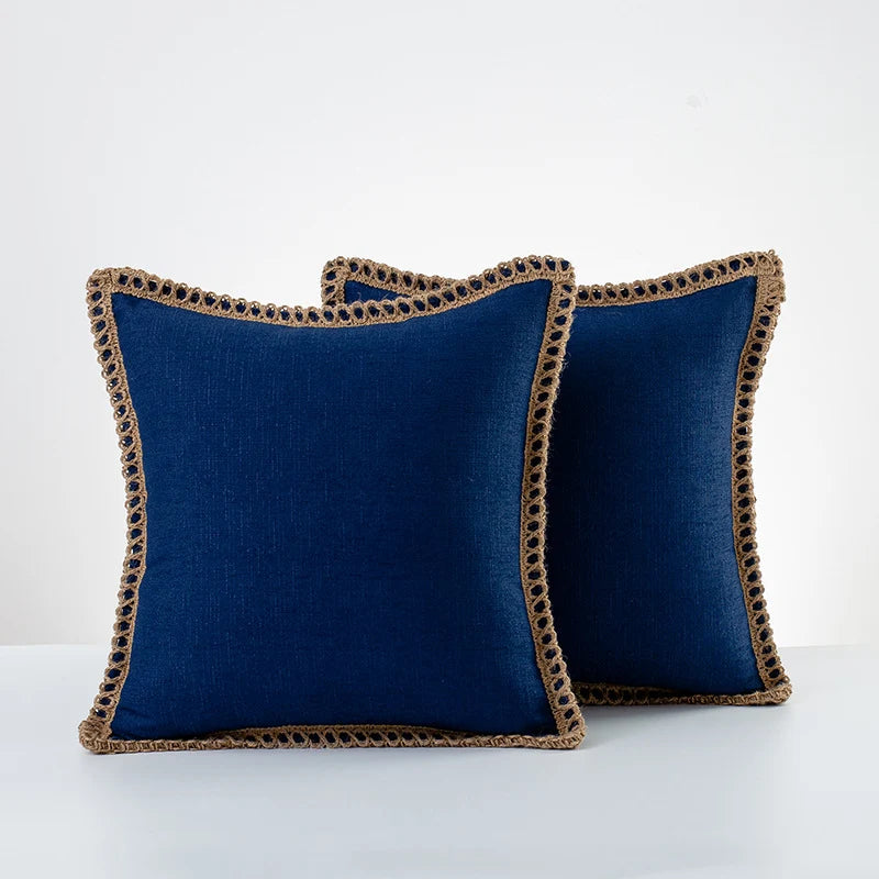 Throw Pillow Pair Linen-Look Braided Fringe Plush Fill