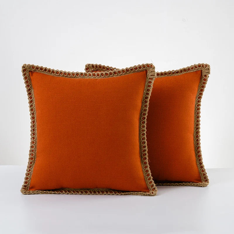 Throw Pillow Pair Linen-Look Braided Fringe Plush Fill