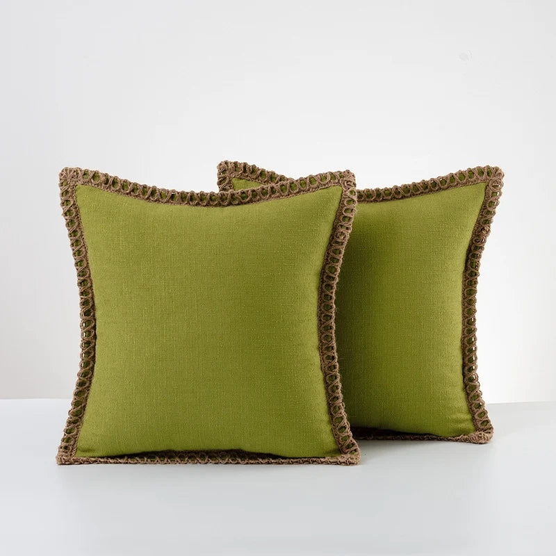 Throw Pillow Pair Linen-Look Braided Fringe Plush Fill