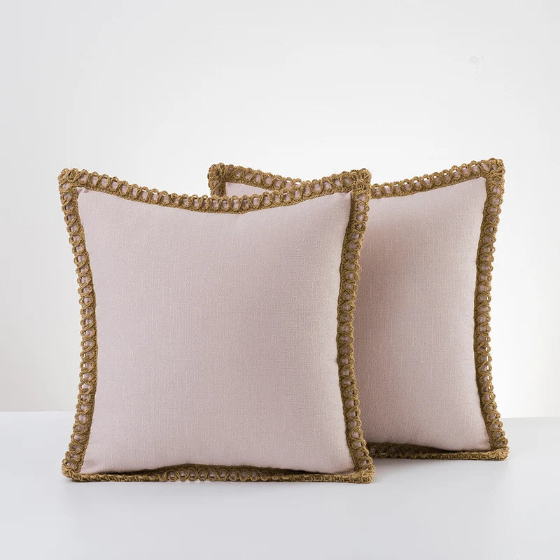 Throw Pillow Pair Linen-Look Braided Fringe Plush Fill
