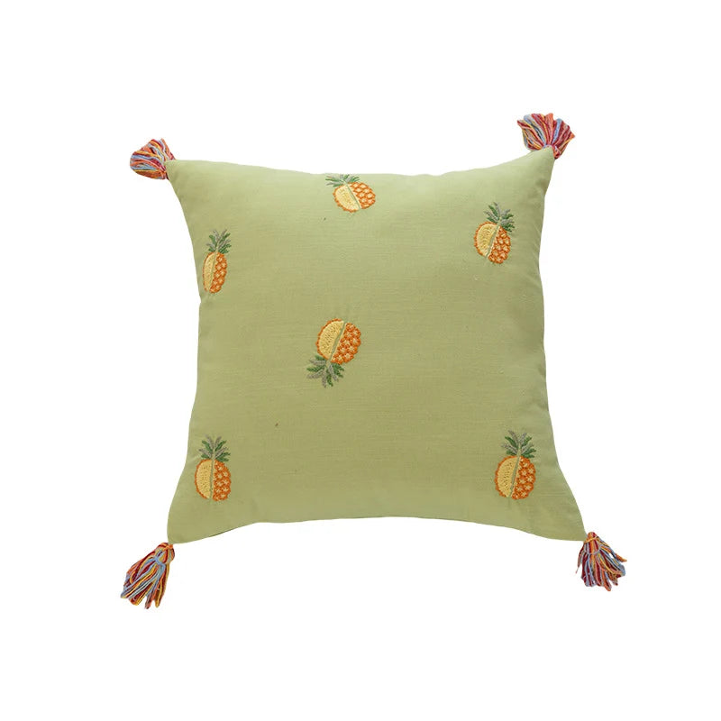 Throw Pillow Pineapple Embroidery & Multicolor Tassels