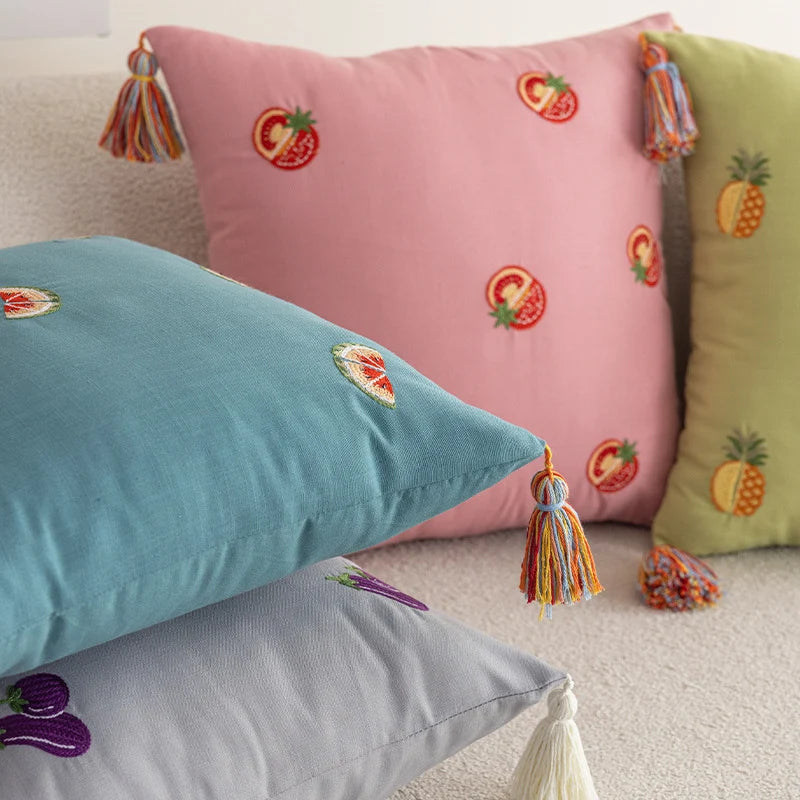 Throw Pillow Pineapple Embroidery & Multicolor Tassels